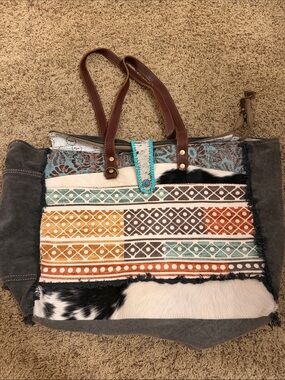 Myra Bag Multicolor Boho Tote with Brown Leather Handles and Turquoise Accent